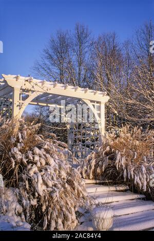 Giardino coperto di neve giardino arbor e erbe ornamentali privacy e cielo blu, Monroe Township, New Jersey, USA, NJ, NOI, bellissimo giardino d'inverno Foto Stock