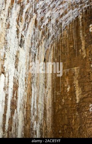 L'interno di una delle volte nel bosco di Leigh, a ridosso del ponte sospeso di Clifton, vicino a Bristol, in Inghilterra, mostra vari depositi di calcite Foto Stock