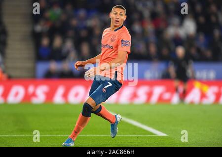 Leicester, Regno Unito. 1 Dic 2019. Richarlison (7) di Everton durante il match di Premier League tra Leicester City e Everton al King Power Stadium, Leicester domenica 1 dicembre 2019. (Credit: Jon Hobley | MI News) La fotografia può essere utilizzata solo per il giornale e/o rivista scopi editoriali, è richiesta una licenza per uso commerciale Credito: MI News & Sport /Alamy Live News Foto Stock