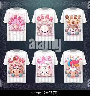 Impostare simpatici animali illustrazione e merchandising Illustrazione Vettoriale