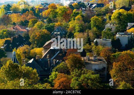 Autunno pittoresca vista su alberi e case in Budapest, preso dalla collina Gellert Cittadella, Budapest. Foto Stock