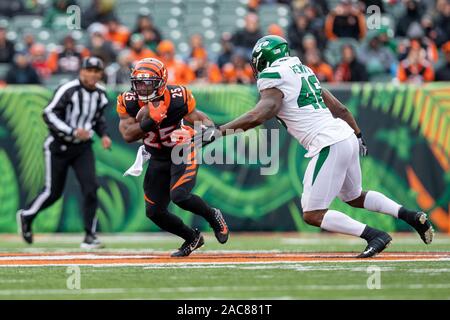 Cincinnati, OH, Stati Uniti d'America. 01 Dic, 2019. Giovani Bernard (25) di Cincinnati Bengals giunchi la sfera durante la NFL Football azione di gioco tra il New York getti e Cincinnati Bengals a Stadio Paul Brown su dicembre 01, 2019 a Cincinnati, OH. Adam Lacy/CSM/Alamy Live News Foto Stock