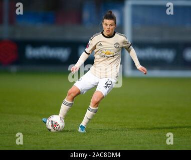 Dagenham, Regno Unito. 1 Dic 2019. Hayley Ladd del Manchester United donne .durante la Barclays donna Super League match tra il West Ham United donne e il Manchester United a Rush stadio verde sul dicembre 01, 2019 in Dagenham, Inghilterra. (Foto di AFS/Espa-Images) Credito: Cal Sport Media/Alamy Live News Foto Stock