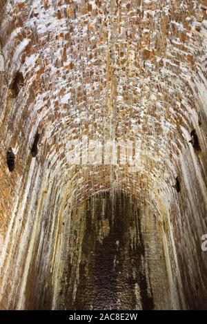 L'interno di una delle volte nel bosco di Leigh, a ridosso del ponte sospeso di Clifton, vicino a Bristol, in Inghilterra, mostra vari depositi di calcite Foto Stock