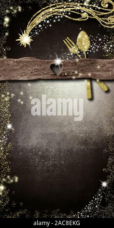 Sfondo per scrivere il menu di Natale, scheda di invito. Posate in oro e la stella di Betlemme golden glitter texture disegno a mano, copia spazio carta brackgroun Foto Stock