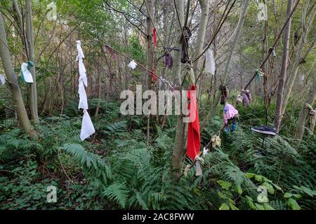 Clooties, o stracci, lasciato come offerte a Clootie bene su Black Isle, Easter Ross, Scozia. Foto Stock