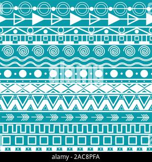 Linee orizzontali seamless pattern azteca. Bohemian hippie elementi a zig-zag, triangoli, cerchi e linee di decorazione tribale per abiti diversi Illustrazione Vettoriale