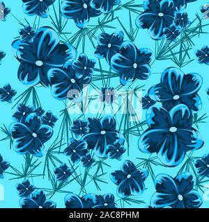 Blu molla hibiscus fiori blu modello senza giunture. Illustrazione di hawaiian piante tropicali, ripetitivo e floreali texture botanico per la stampa. Illustrazione Vettoriale