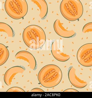 Melone giallo tagliato a metà e fette con semi sullo sfondo, seamless pattern. Illustrazione ripetitive di estate autunno frutti Illustrazione Vettoriale