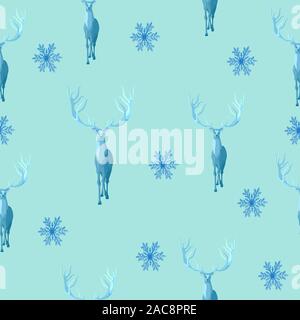 Le renne e fiocchi di neve, inverno sfondo ripetitivo per la confezione regalo e vestiti. Blu e bianco dicembre Natale seamless pattern. Illustrazione Vettoriale