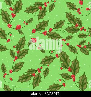 Vischio ramo con foglie di colore verde per la celebrazione della Messa di Natale e vacanze invernali. Frutti rossi dall'albero ripetitivi pattern senza giunture. Illustrazione Vettoriale