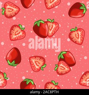 Rosa rosso modello senza giunture delle fragole e fette di frutta. E tropicale Bacche esotiche per la stagione estiva, la vitamina C e la nutrizione dieta illustrazione. Illustrazione Vettoriale
