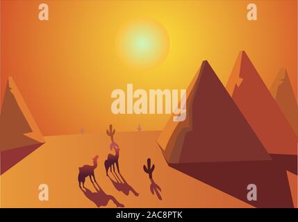Deserto del Sahara, il Cairo, Egitto illustrazione di un caldo paesaggio. Cammelli e piramidi in viaggio sotto la luce del sole e clima secco. Illustrazione Vettoriale