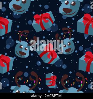 Blu testa di renne con presenta con fiocco e nastro, seamless pattern. Sfondo ripetitivi con la luce di Natale decorazioni e la caduta della neve, inverno Illustrazione Vettoriale