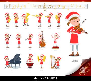 Set di Santa Claus costume ragazza di spettacoli di musica classica.Ci sono le azioni da svolgere vari strumenti come gli strumenti a corda e vento ins Illustrazione Vettoriale