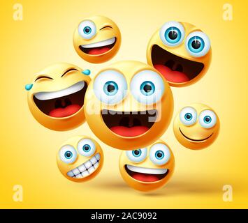 Emoticon e gli Emoji gruppo disegno vettoriale. Smiley emoticon viso carino gruppo di testa in felice, ridendo, sorridente, divertente e naughty. Illustrazione Vettoriale