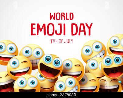 Mondo gli Emoji giorno banner vettore sfondo. Mondo gli Emoji giorno testo con gruppo di simpatici smiley emojis in differenti espressioni facciali in spazio vuoto bianco. Illustrazione Vettoriale