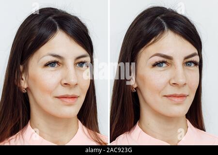 Confronto foto prima e dopo il trucco permanente, di tatuaggio delle sopracciglia per la donna nel salone di bellezza Foto Stock