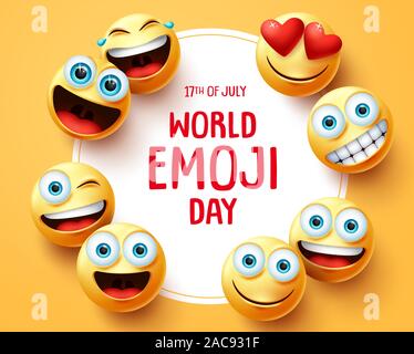 Mondo gli Emoji giorno sfondo vettoriale modello. Mondo gli Emoji giorno testo in cerchio telaio bianco con simpatici smiley emojis faccia e differenti espressioni facciali. Illustrazione Vettoriale