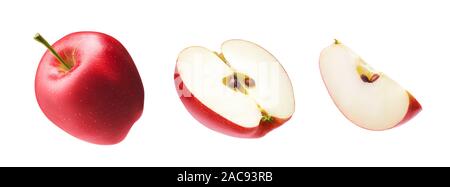 Set di fresco intero, tagliate a metà e affettate il red apple isolati su sfondo bianco Foto Stock