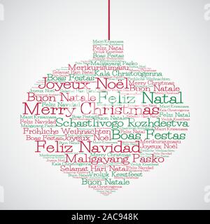 Pallina di natale realizzata da 'Buon Natale" in diverse lingue in formato vettoriale. Illustrazione Vettoriale