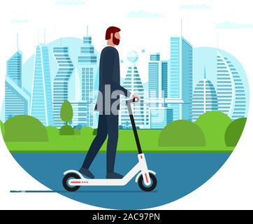 Uomo d'affari che guida scooter elettrico kick. Attività stile di vita in movimento concetto sulla grande città strada. Illustrazione vettoriale innovativa mobilità attiva hipster moderno millennial manager sul paesaggio urbano metropoli Illustrazione Vettoriale