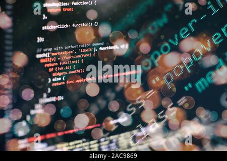 Primo piano del monitor della funzione codice sorgente.La Scrittura di funzioni di programmazione sul computer portatile. Grande dati e Internet delle cose la tendenza. Foto Stock