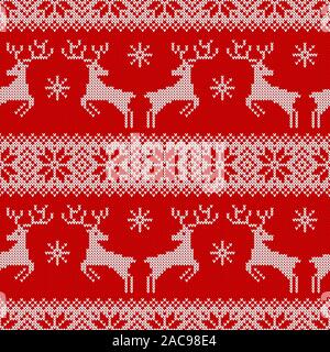 Maglia senza cuciture con pattern di cervi, fiocchi di neve e di ornamento scandinavo. Il bianco e il rosso maglione sfondo per il Natale o il design d'inverno. Vettore. Illustrazione Vettoriale