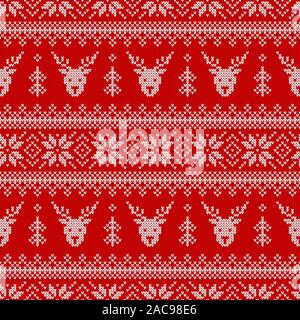 Maglia senza cuciture con pattern di cervi, e gli alberi di Natale ornamento scandinavo. Il bianco e il rosso maglione sfondo per vacanze invernali design. Vettore. Illustrazione Vettoriale