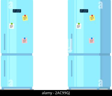 Luce blu frigorifero con magnete note vista anteriore e laterale. Vettore illustrazione frigo isolato su sfondo bianco Illustrazione Vettoriale