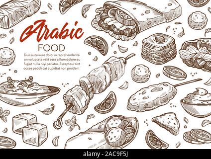 Medio Oriente cibo, cucina araba ristorante menu Disegno banner Illustrazione Vettoriale