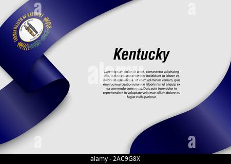 Sventolando in nastro o banner con bandiera del Kentucky. Stato degli Stati Uniti d'America. Modello per la progettazione di poster Illustrazione Vettoriale