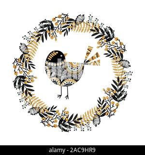 Vettore di grazioso uccello e una ghirlanda di loro piante, fiori e frutti di bosco. Monocromatici in bianco e nero illustrazione vettoriale in stile scandinavo. Illustrazione Vettoriale
