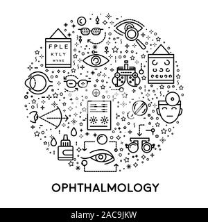 Trattamento occhi, oftalmologia le icone della linea, medicina e sanità Illustrazione Vettoriale