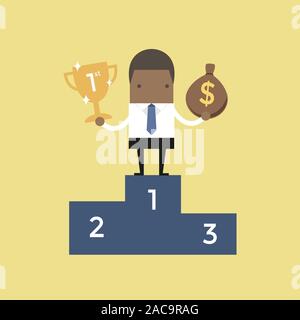 Imprenditore africani in piedi sul podio vincente holding trofeo e un sacco di soldi. Illustrazione Vettoriale