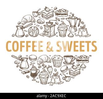 Caffè e dolci, bevande calde e dolci schizzo emblema Illustrazione Vettoriale