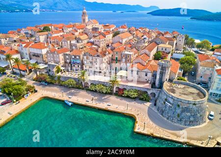 Korcula. Città storica di antenna di Korcula vista panoramica, Isola nell'arcipelago del sud della Croazia Foto Stock