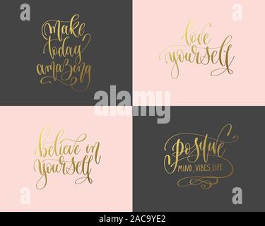 Set di 4 mano scritte oro iscrizione tipografia testo preventivo positivo Illustrazione Vettoriale