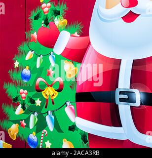 Colorato sfondo di Natale con Babbo Natale e albero di Natale. Foto Stock
