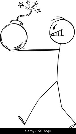 Vector cartoon stick figura disegno illustrazione concettuale dell uomo a piedi o imprenditore che trasportano innescata bomba. Illustrazione Vettoriale