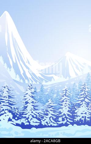 In inverno la neve naturale della foresta di pini Montagne Paesaggio orizzonte wallpaper illustrazione vettoriale colorato stile sfondo vista Illustrazione Vettoriale