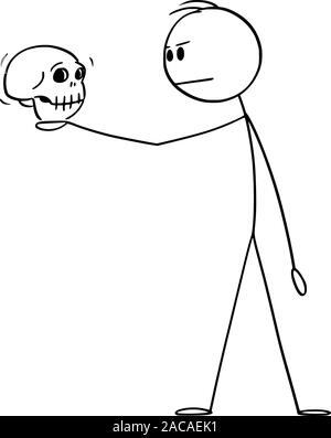 Vector cartoon stick figura disegno illustrazione concettuale dell'uomo in posa drammatica holding teschio umano. Attore la riproduzione di frazione di William Shakespeare tragedia. Illustrazione Vettoriale