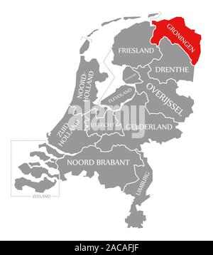 Groningen evidenziata in rosso nella mappa dei Paesi Bassi Foto Stock