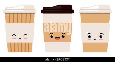 Carino gli Emoji caffè o tè con cappuccio icon set, vista frontale, isolato su sfondo bianco Illustrazione Vettoriale