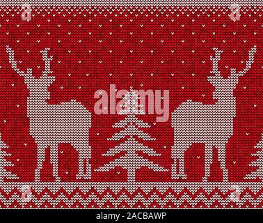 Rosso e Bianco Natale seamless sfondo pattern con i cervi e pino vettore Illustrazione Vettoriale