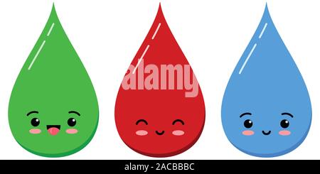 Acqua, di sangue e di liquido verde goccia emoticon icon set isolato su sfondo bianco. Illustrazione Vettoriale