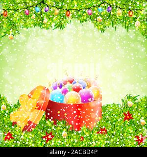 Sfondo di natale con confezione regalo con coloratissime palle di Natale e albero di natale di vettore di rami Illustrazione Vettoriale