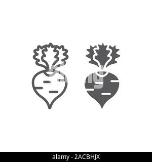 Il Ravanello di linea e icona di glifo, frutta e verdura, segno di barbabietole, grafica vettoriale un modello lineare su uno sfondo bianco. Illustrazione Vettoriale