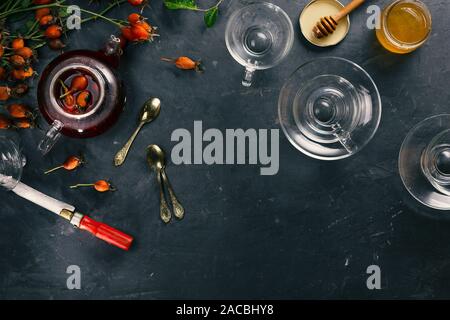 Il tè alle erbe, erbe essiccate, biglietto di auguri, laici piatta Foto Stock