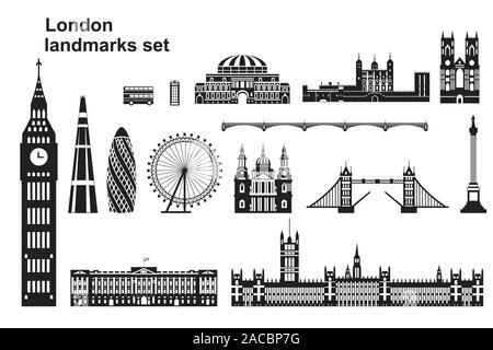 Set di vettore di monumenti di Londra. Lo Skyline della citta' illustrazione vettoriale nei colori bianco e nero isolato su sfondo bianco. Set di silhouette di vettore Illustrazione Vettoriale